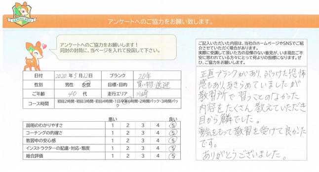 川崎市多摩区（40代女性）ペーパードライバー講習アンケート