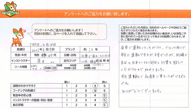 川崎市川崎区 40代女性 ペーパードライバー講習アンケート