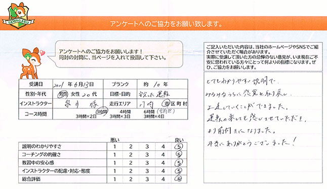 川崎市宮前区 20代男性 ペーパードライバー講習アンケート 川崎市宮前区 20代男性 ペーパードライバー講習アンケート