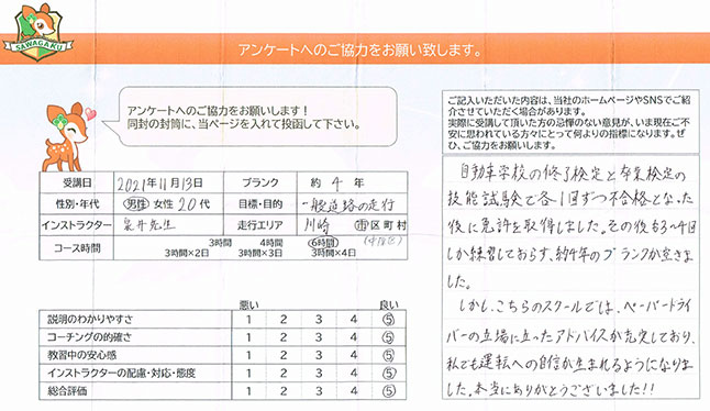 川崎市中原区 20代男性 ペーパードライバー講習アンケート