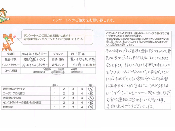 神奈川県川崎市川崎区 30代女性 ペーパードライバー講習アンケート 神奈川県川崎市川崎区 30代女性 ペーパードライバー講習アンケート