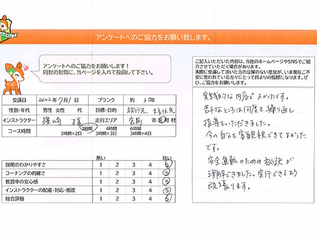 神奈川県川崎市宮前区 50代女性 ペーパードライバー講習アンケート 神奈川県川崎市宮前区 50代女性 ペーパードライバー講習アンケート