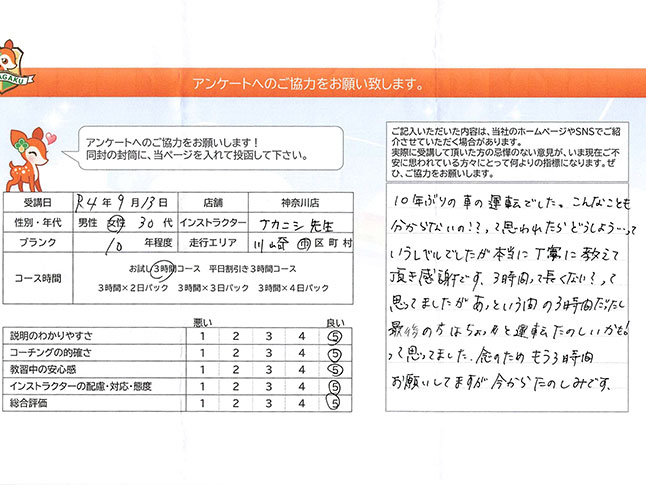 川崎市中原区 30代女性 ペーパードライバー講習アンケート