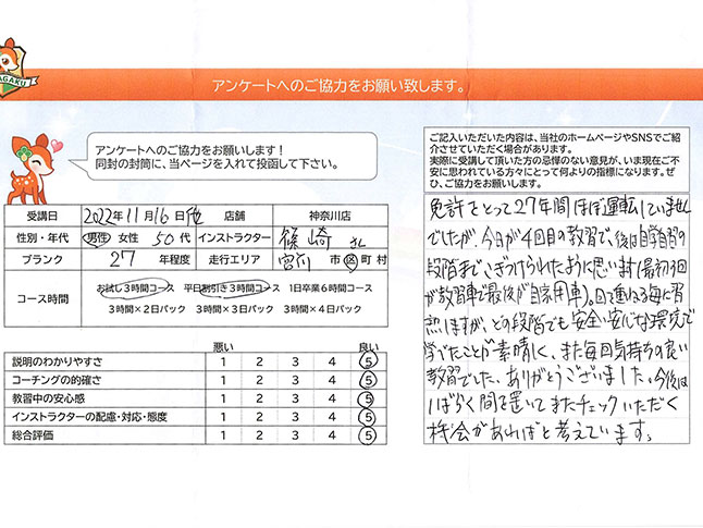 神奈川県川崎市宮前区 50代男性 ペーパードライバー講習アンケート 神奈川県川崎市宮前区 50代男性 ペーパードライバー講習アンケート