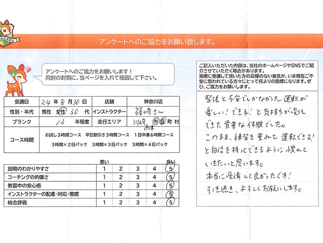 川崎市高津区 30代女性 ペーパードライバー講習アンケート