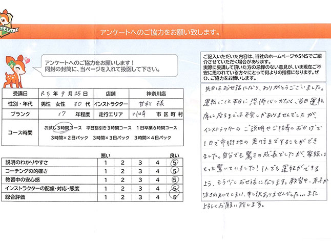 神奈川県川崎市中原区 30代 ペーパードライバー講習アンケート 神奈川県川崎市中原区 30代 ペーパードライバー講習アンケート