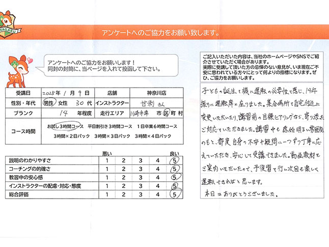 川崎市幸区 30代男性 ペーパードライバー講習アンケート